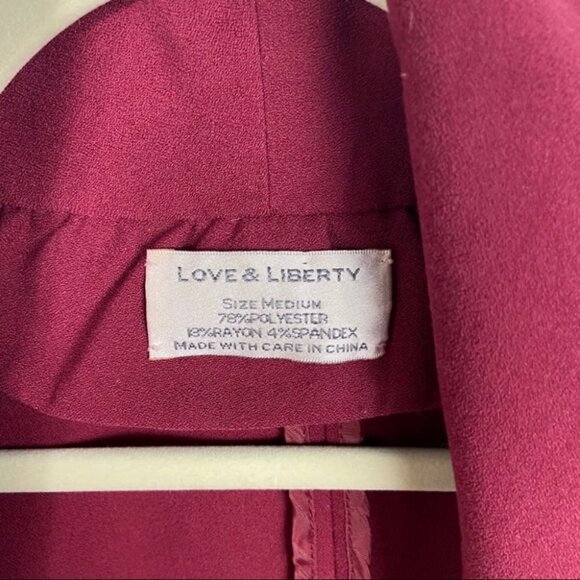 Love and Liberty Burgundy Crepe Blazer‎ Open Front Size Medium Stretch Cotton M - Picture 5 of 9